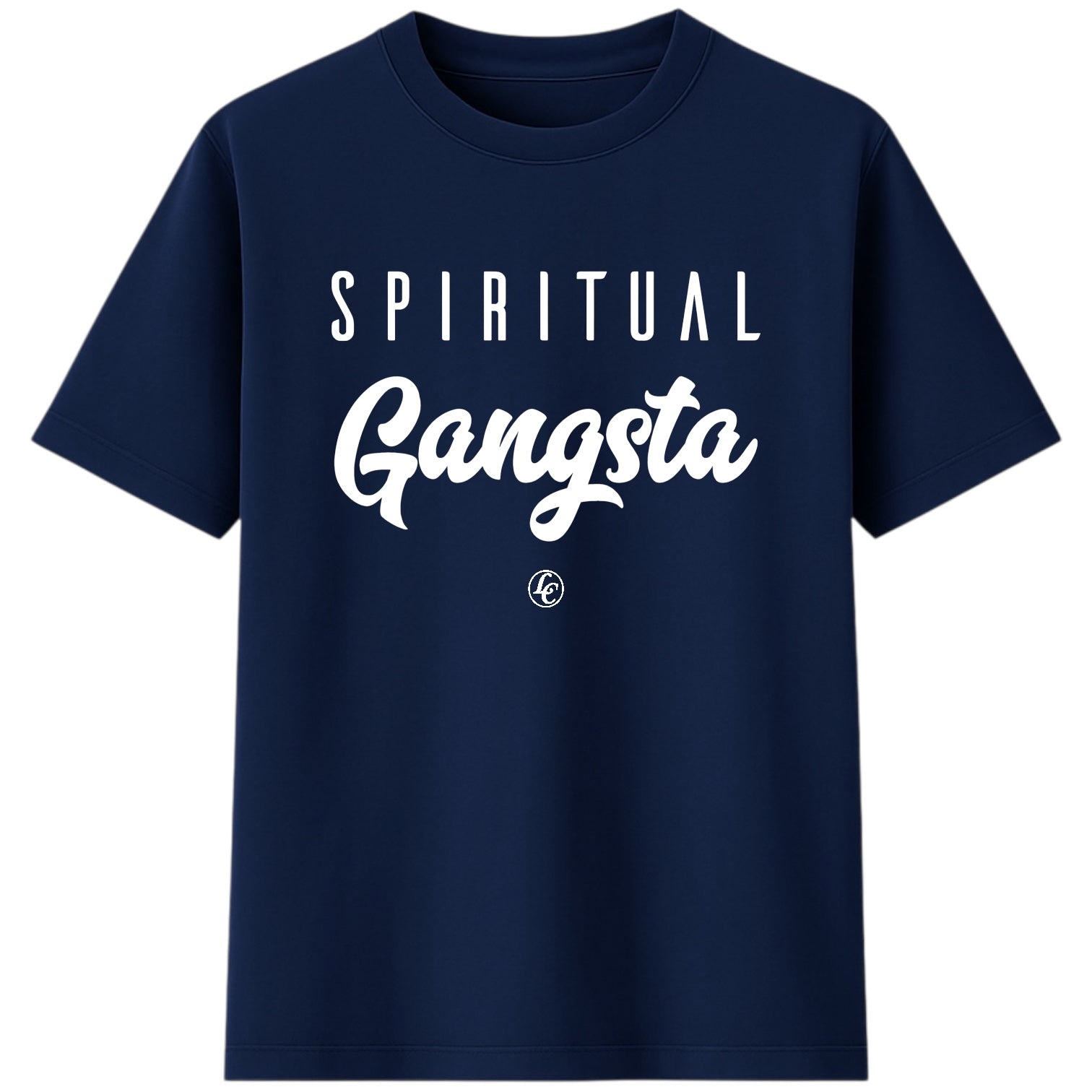 Navy blue t-shirt with 'Spiritual Gangsta' text on a white background