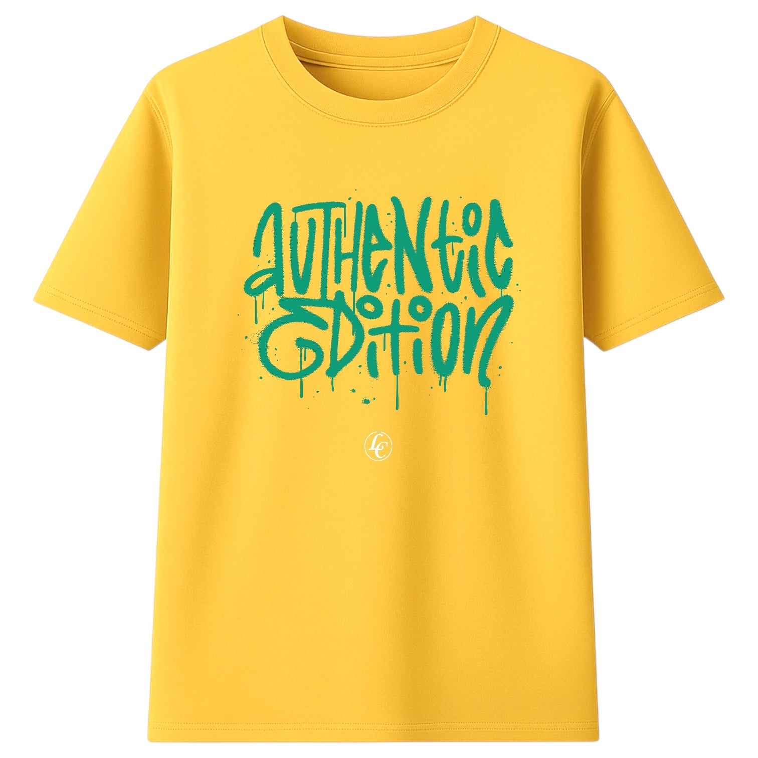 Yellow t-shirt with green text 'Authentic Edition' on a white background