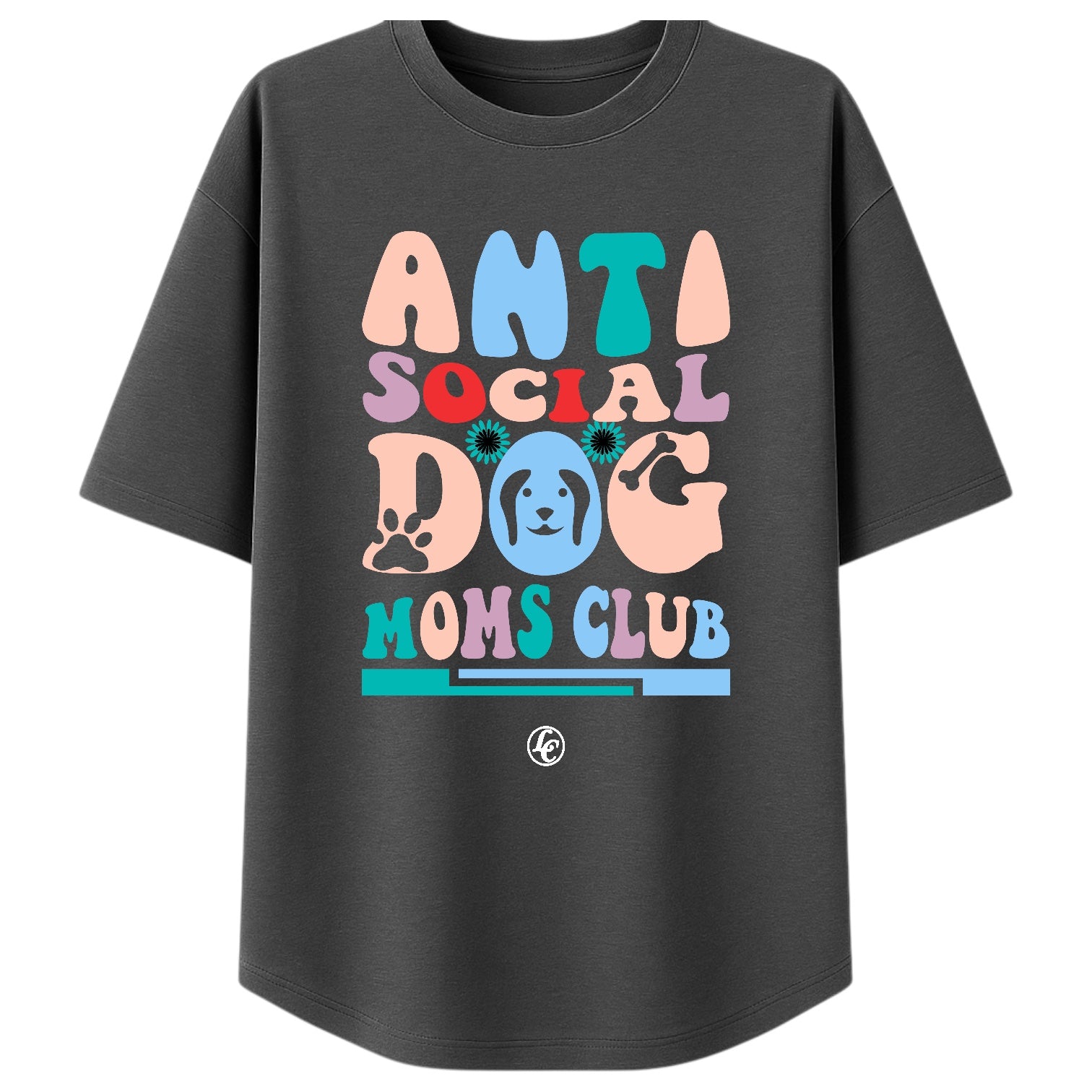 Dark Grey shirt with colorful 'Anti Social Dog Moms Club' text and graphics on a white background