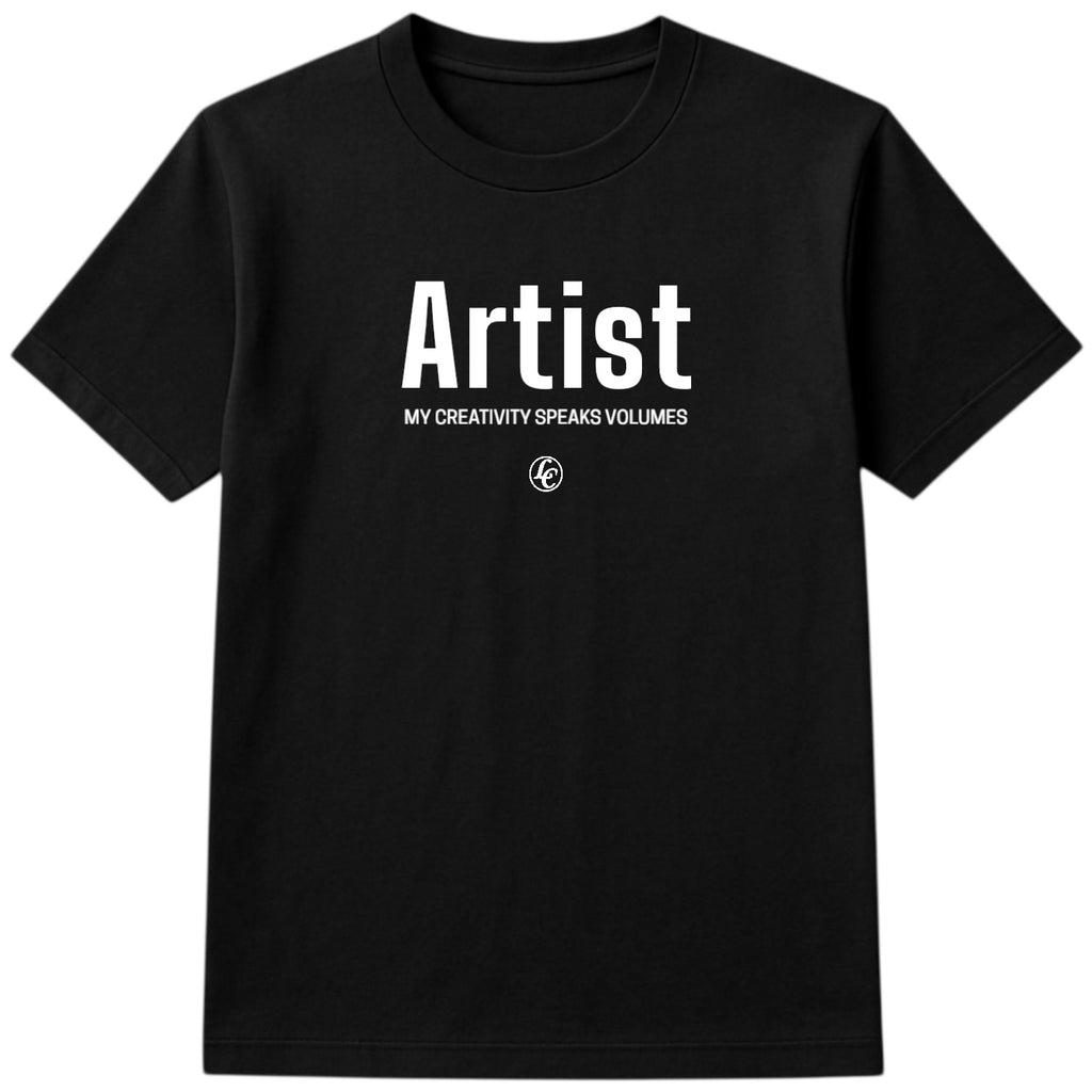 Black t-shirt with 'Artist My Creativity Speaks Volumes' text on a white background