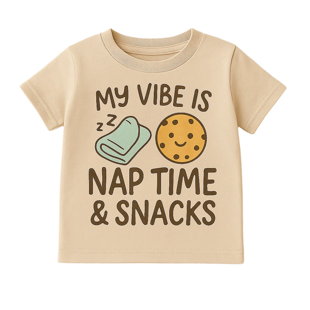 Beige t-shirt with 'My Vibe is Nap Time & Snacks' text and graphics on a beige background