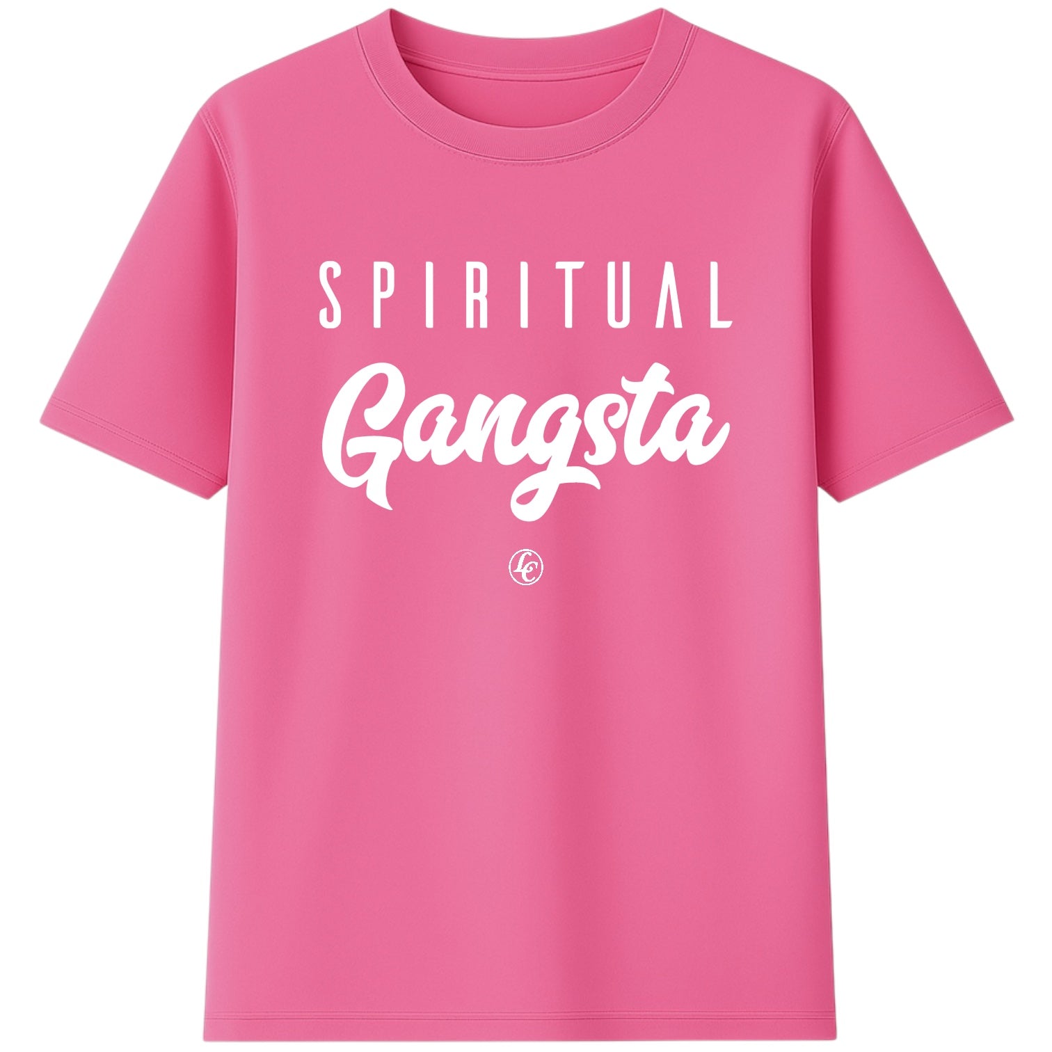 Pink t-shirt with 'Spirital Gangsta' text on a white background