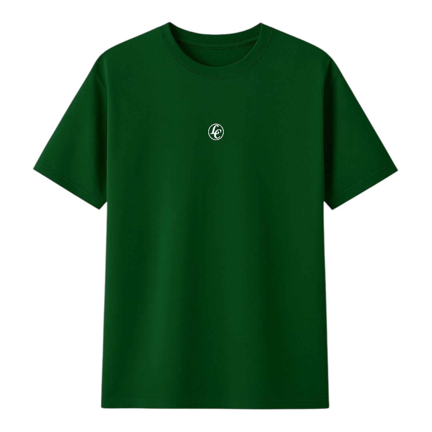 Green t-shirt with a small logo on a white background