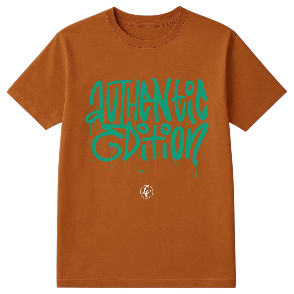 Brown t-shirt with green 'Authentic Edition' text on a white background