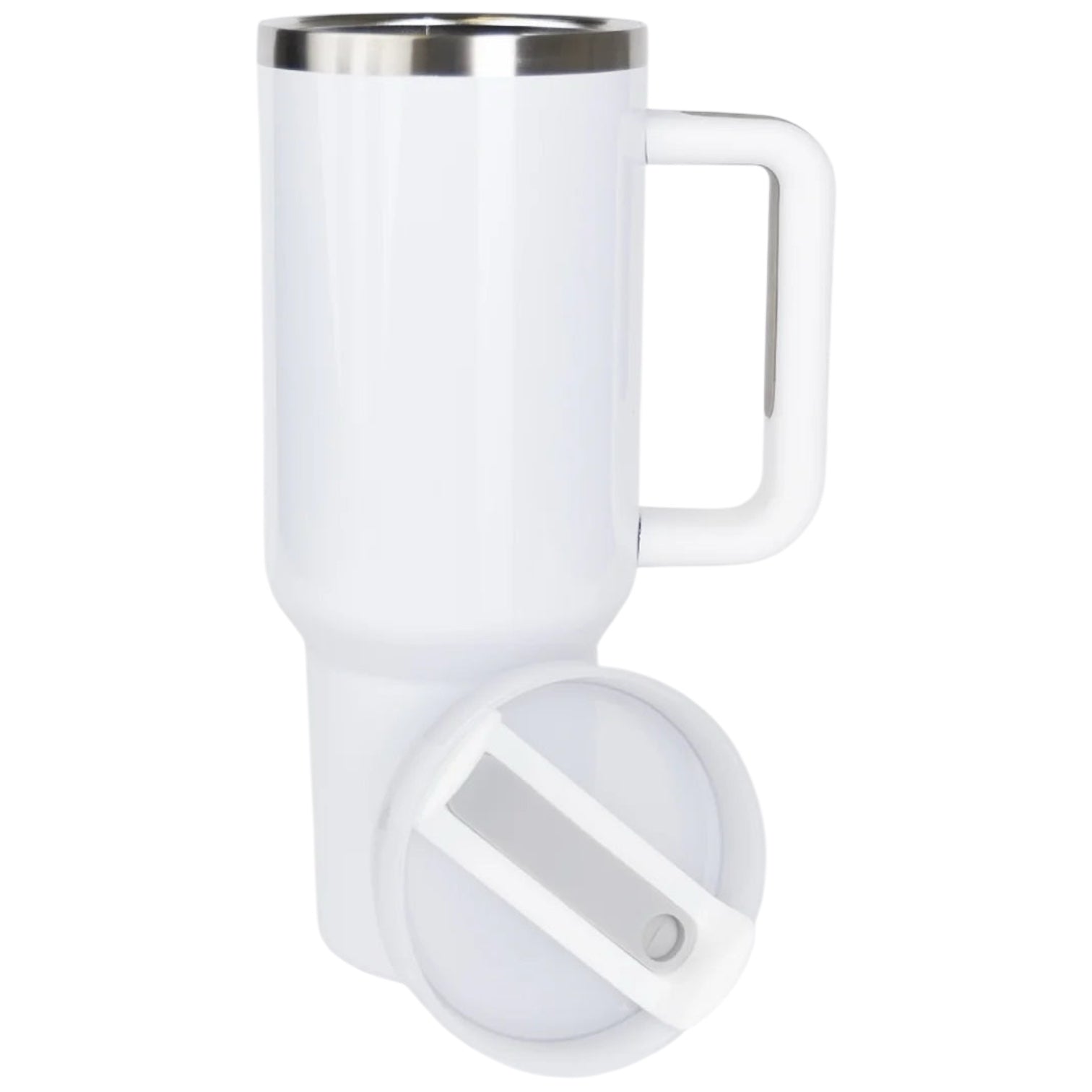 White insulated mug/tumbler with handle on a white background