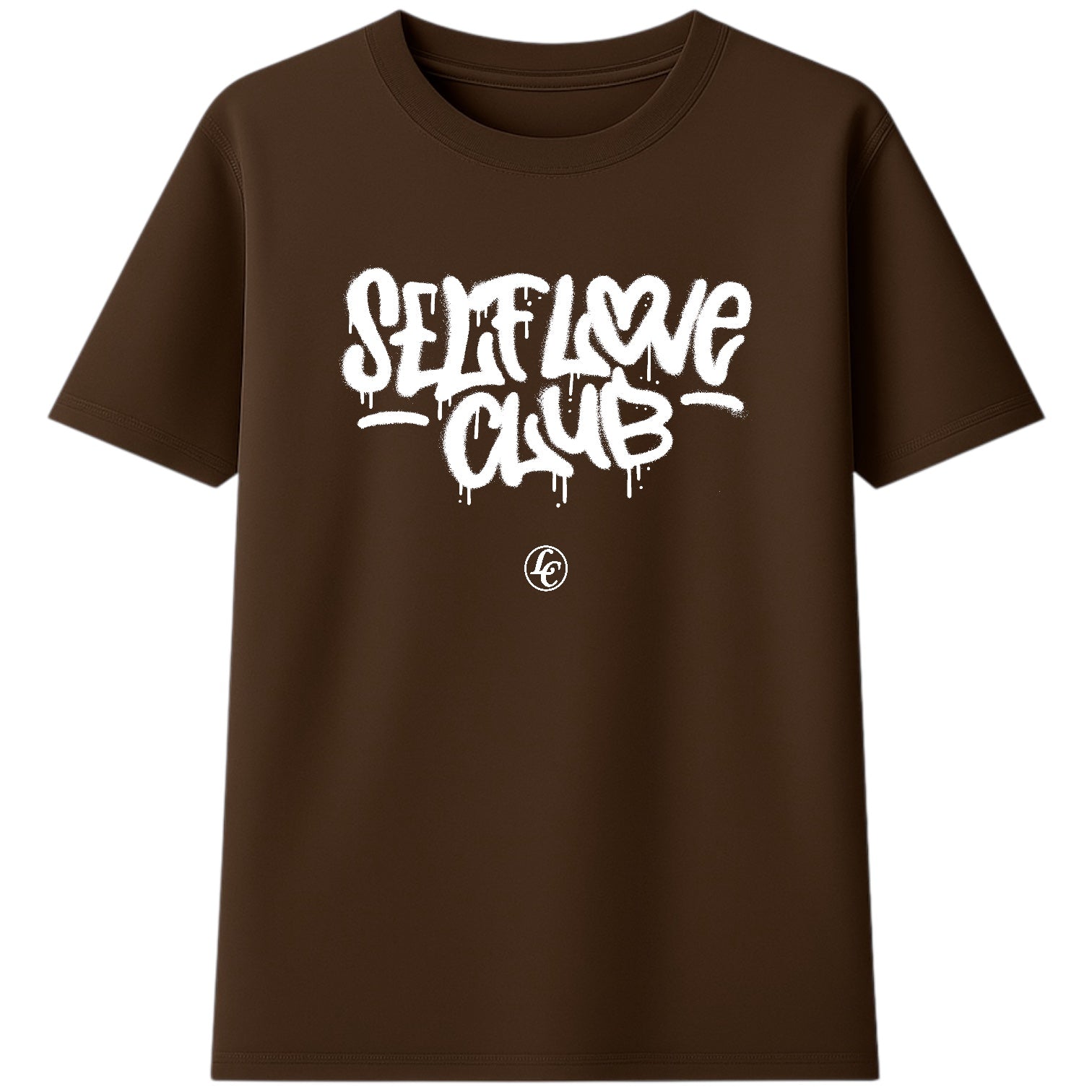 Brown t-shirt with 'Self Love Club' text on a white background