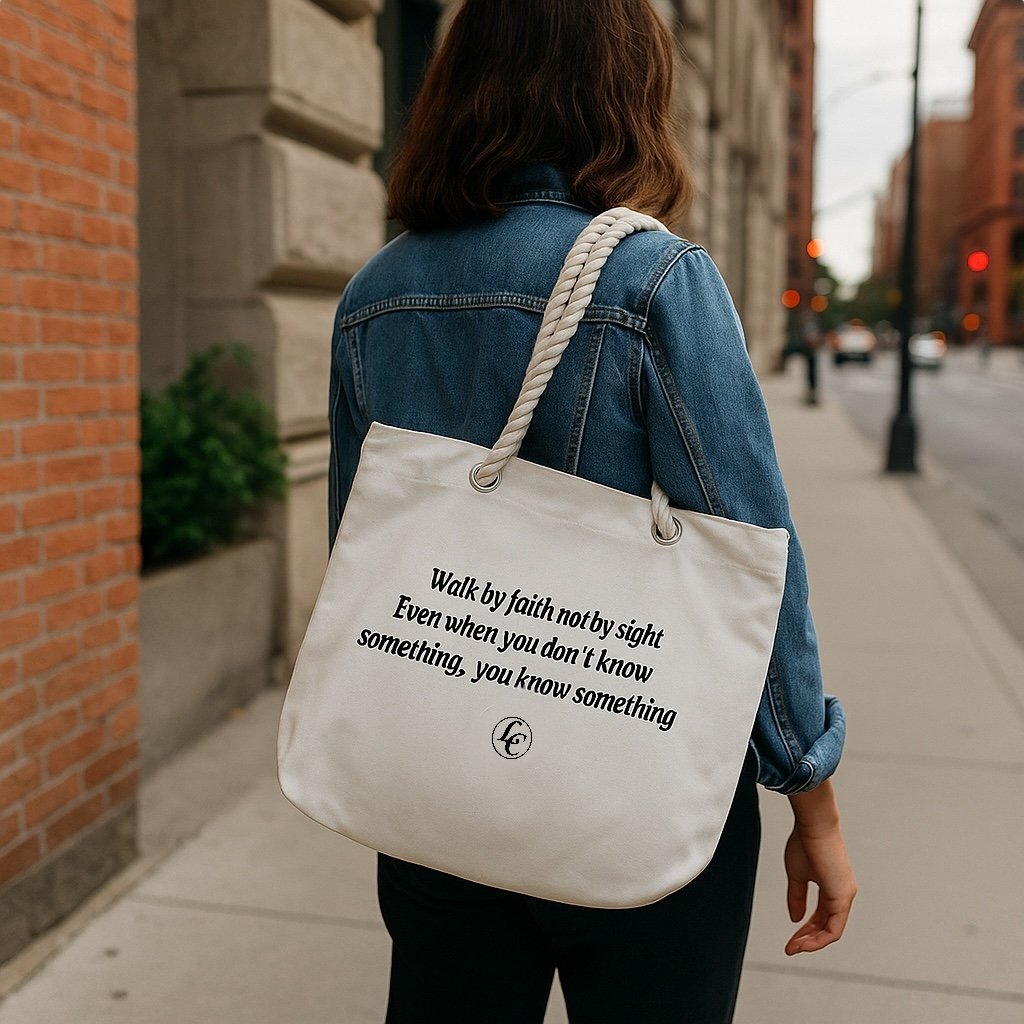 Walk By Faith Tote - motivational streetwear apparel by Lamir Collection