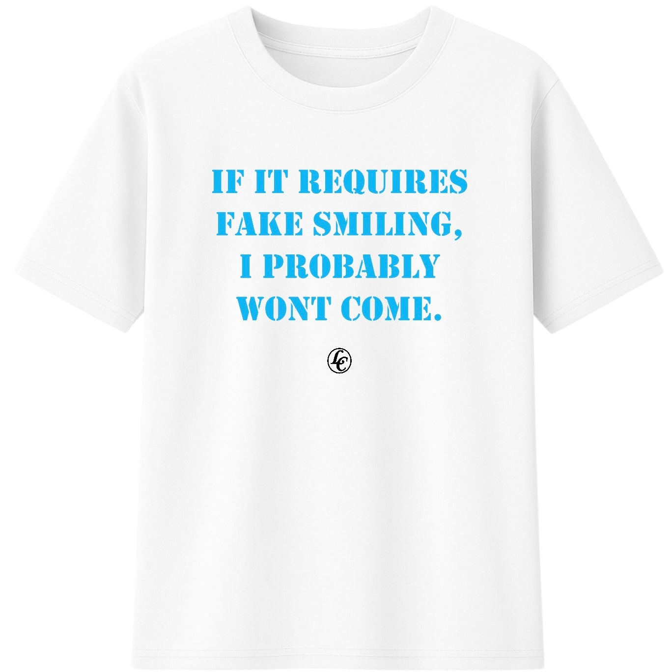 White t-shirt with blue text on a white background