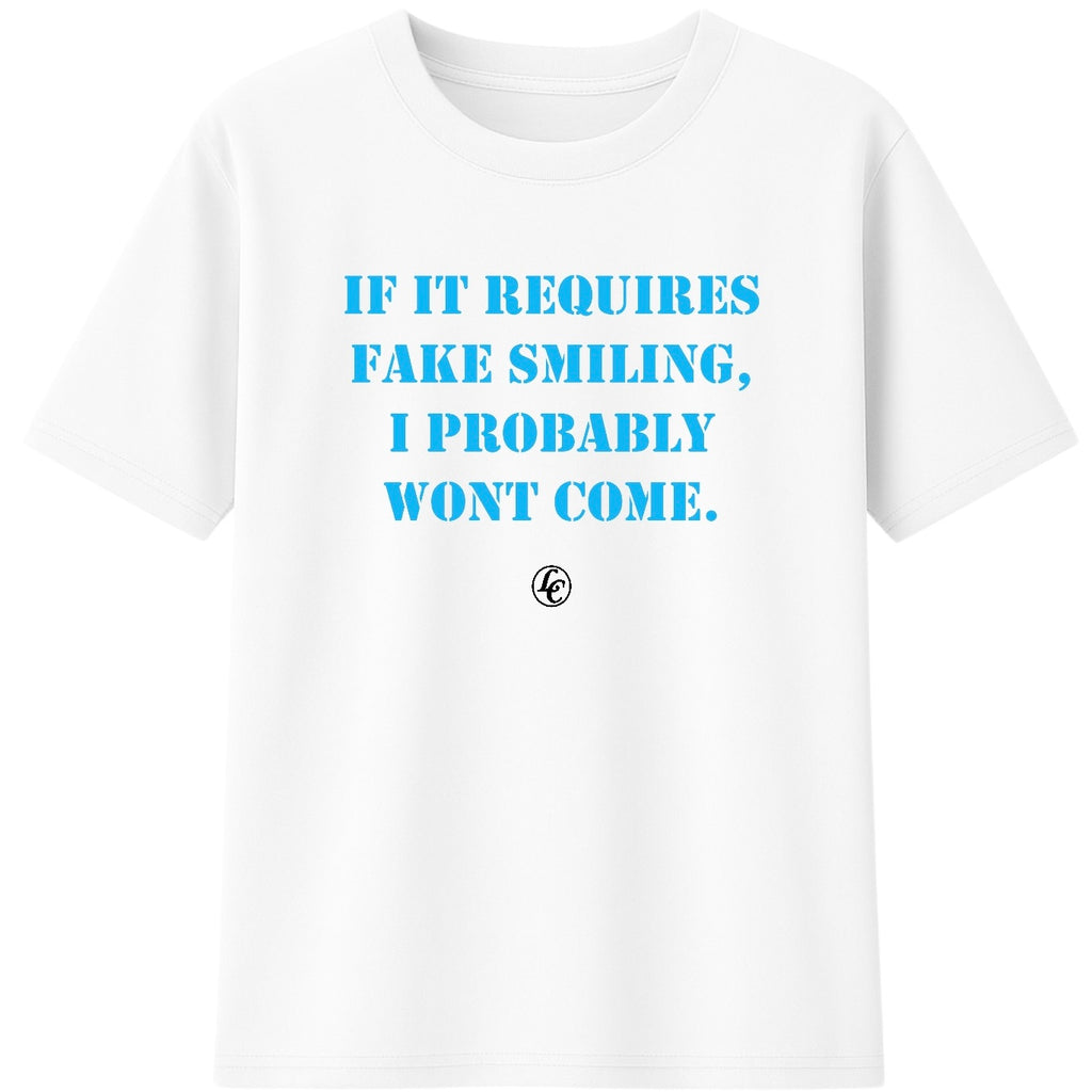 White t-shirt with blue text on a white background