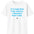 White t-shirt with blue text on a white background