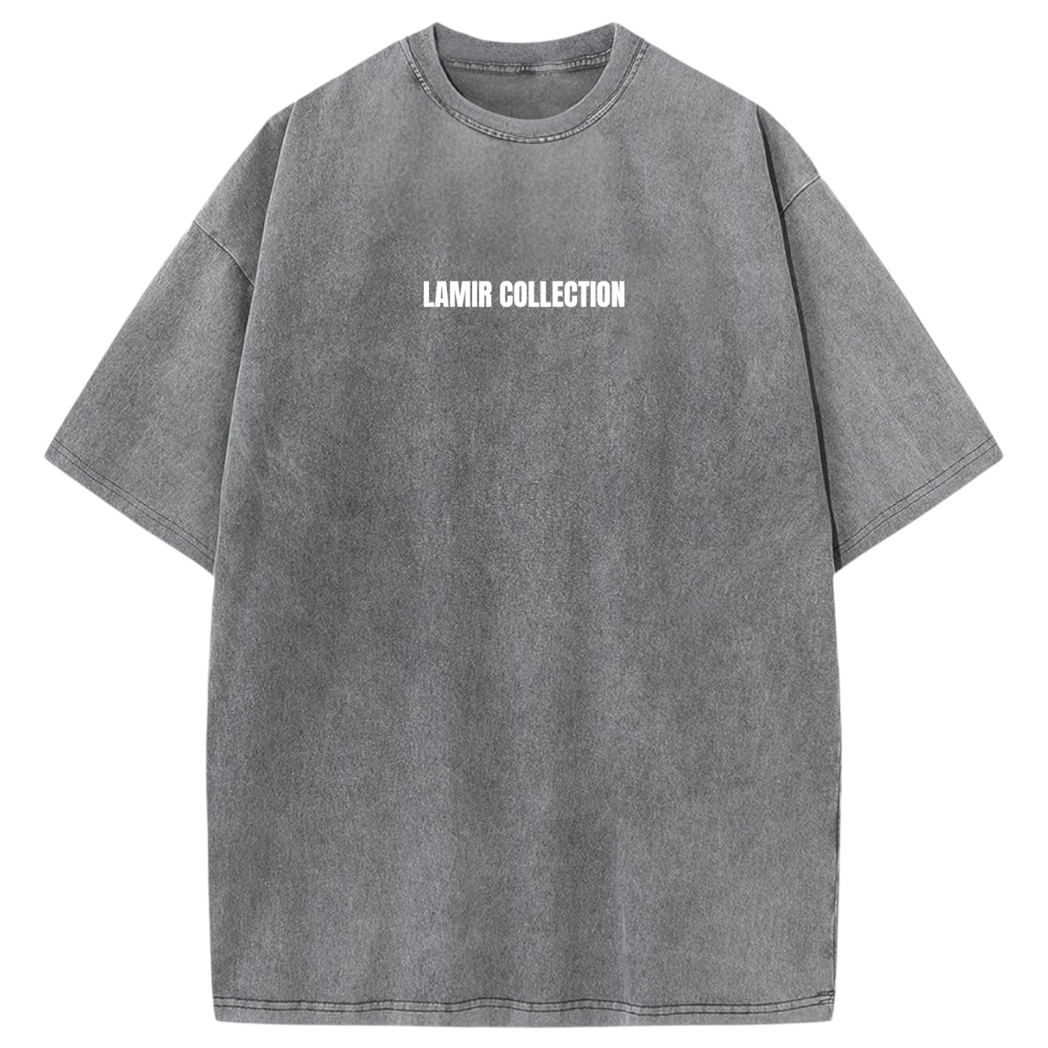 Gray t-shirt with 'LAMIR COLLECTION' text on a white background