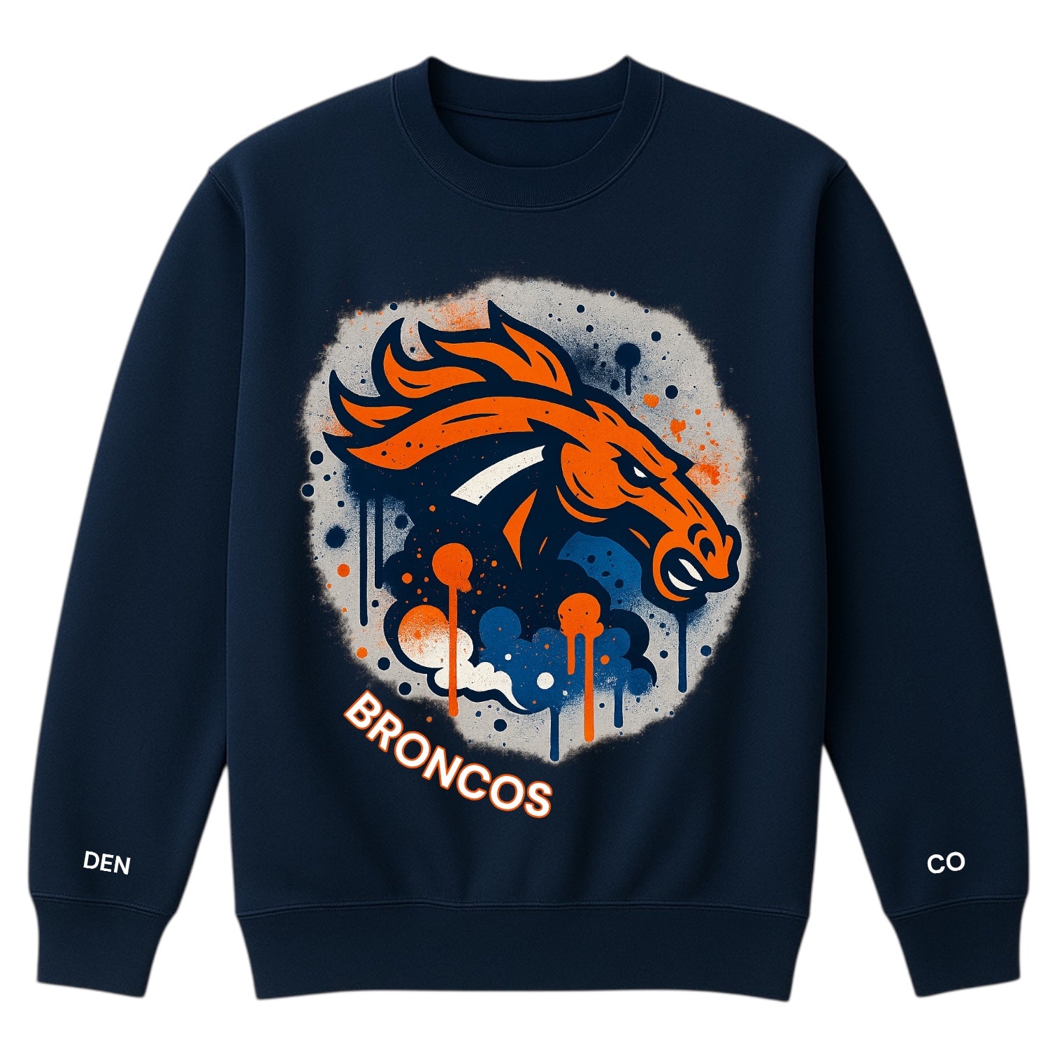 Navy blue sweatshirt with Broncos logo on a white background
