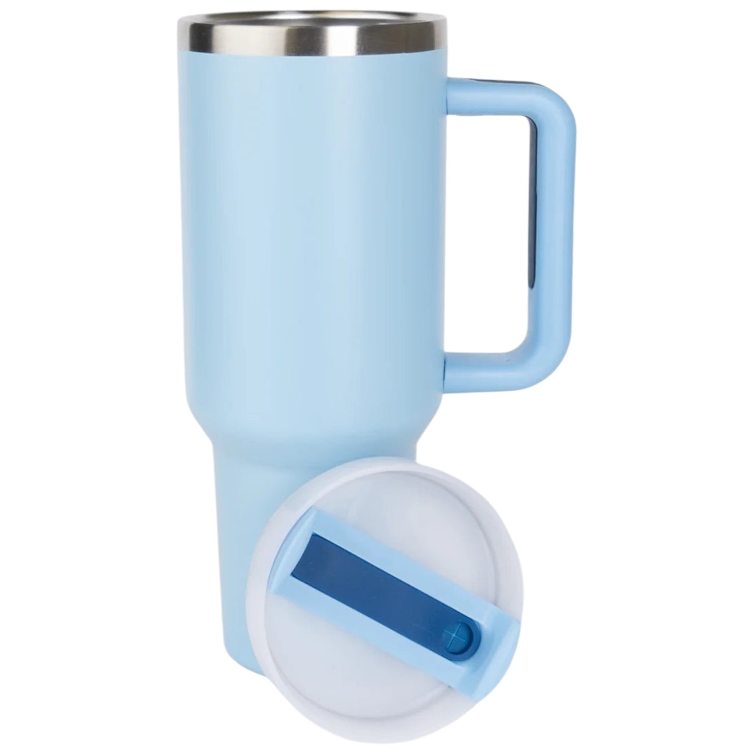 Light blue travel mug/tumbler with handle on a white background