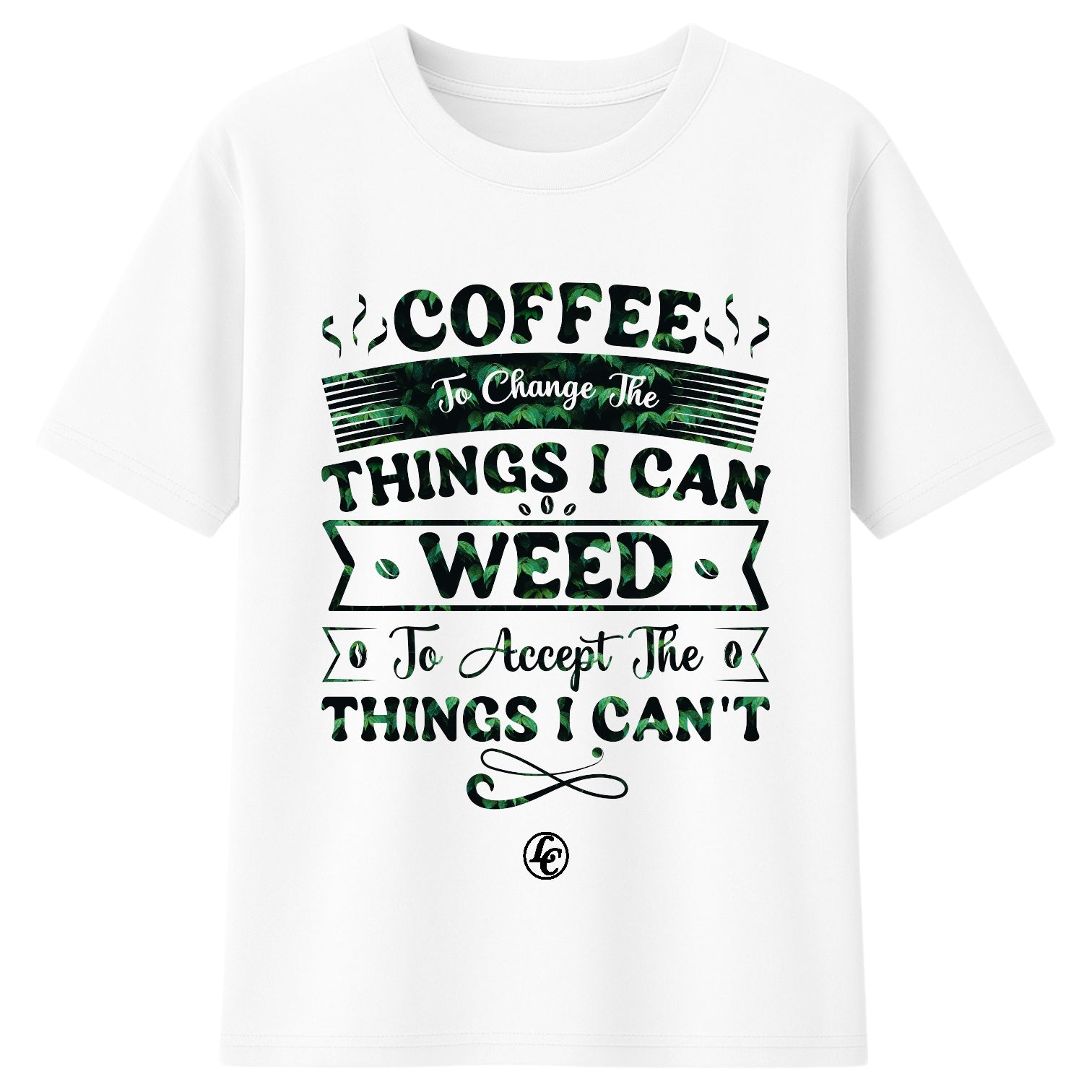 White t-shirt with green and black text design on a white background