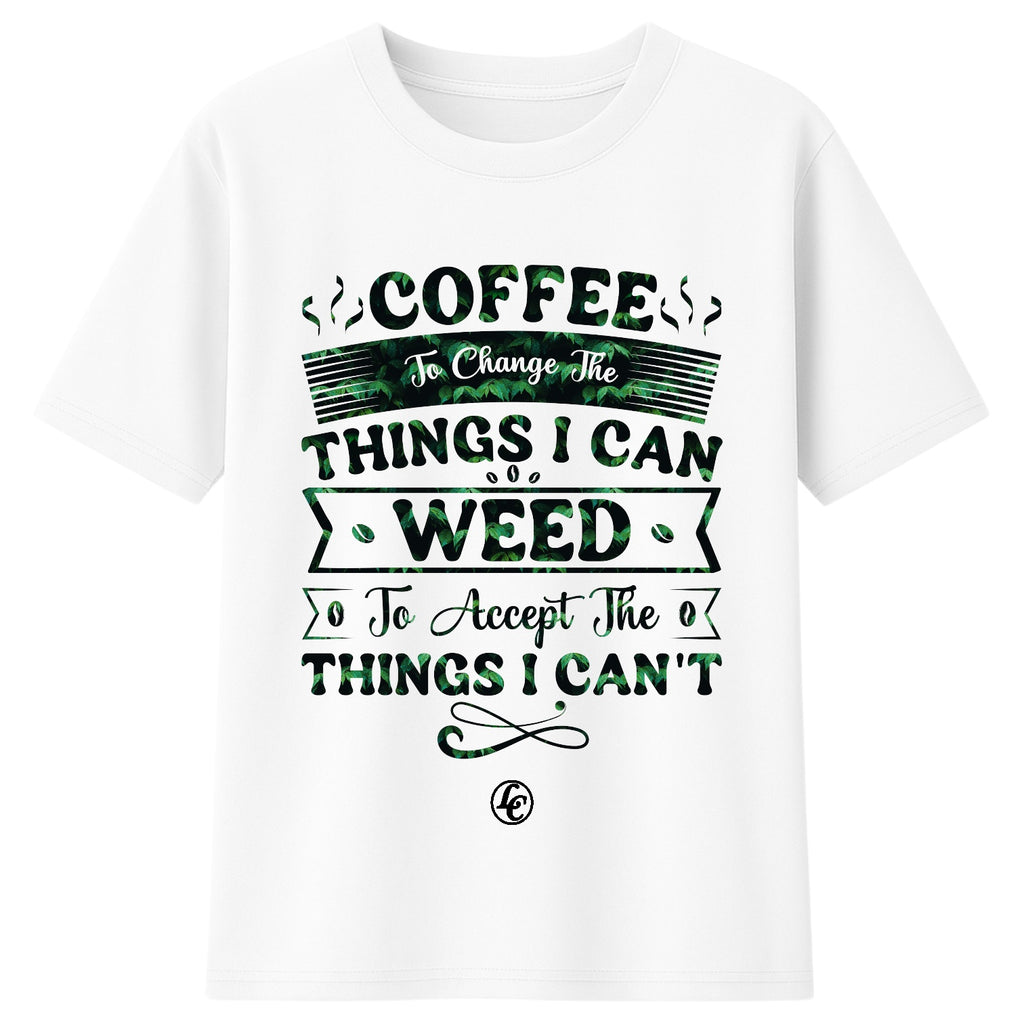 White t-shirt with green and black text design on a white background