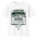 White t-shirt with green and black text design on a white background