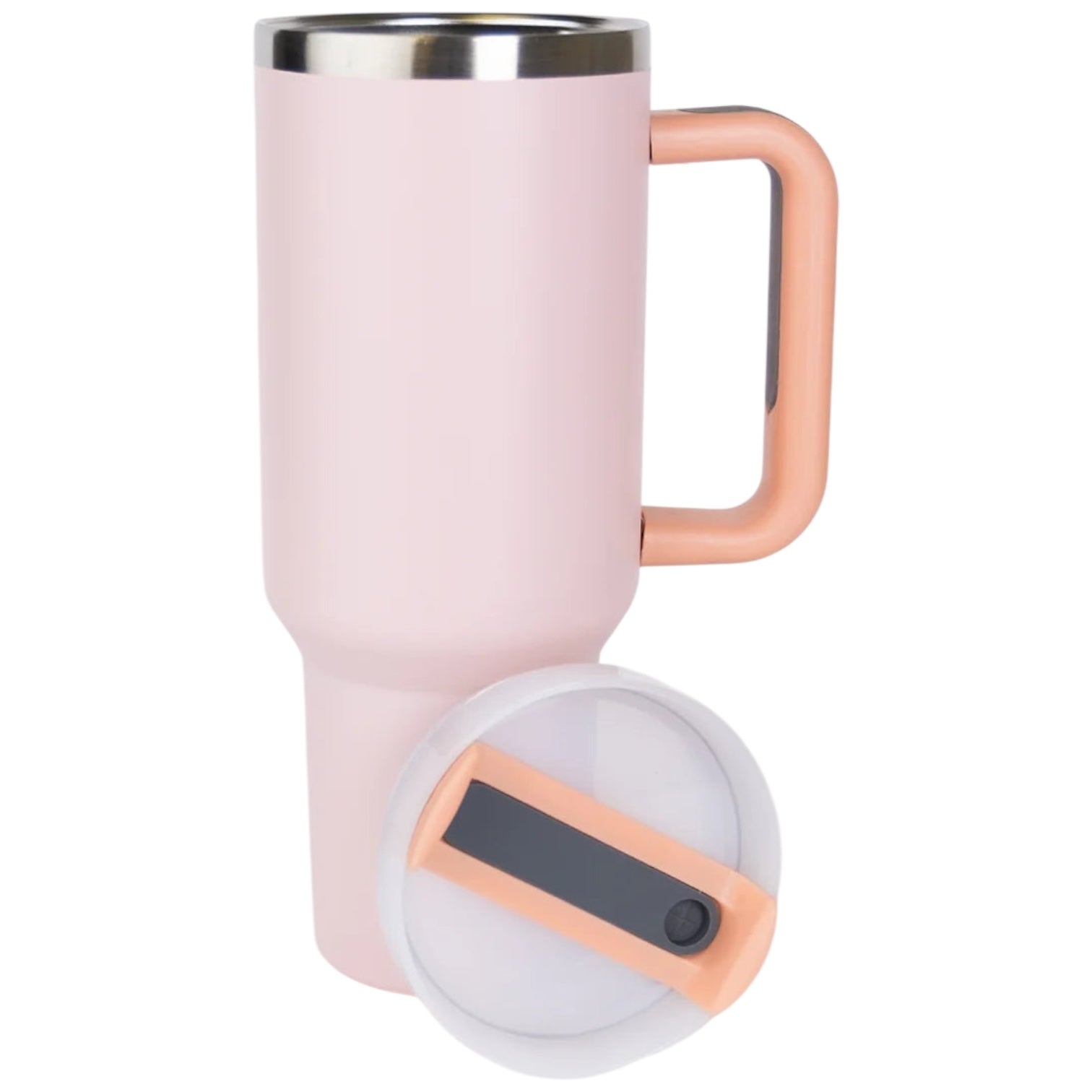 Pink travel mug/tumbler with rose gold handle and lid on a white background