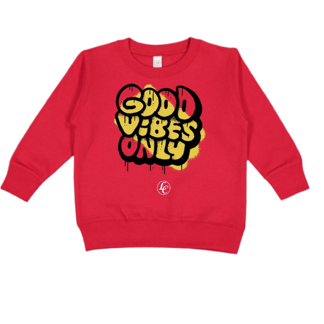 Red sweatshirt with 'Good Vibes Only' text on a white background