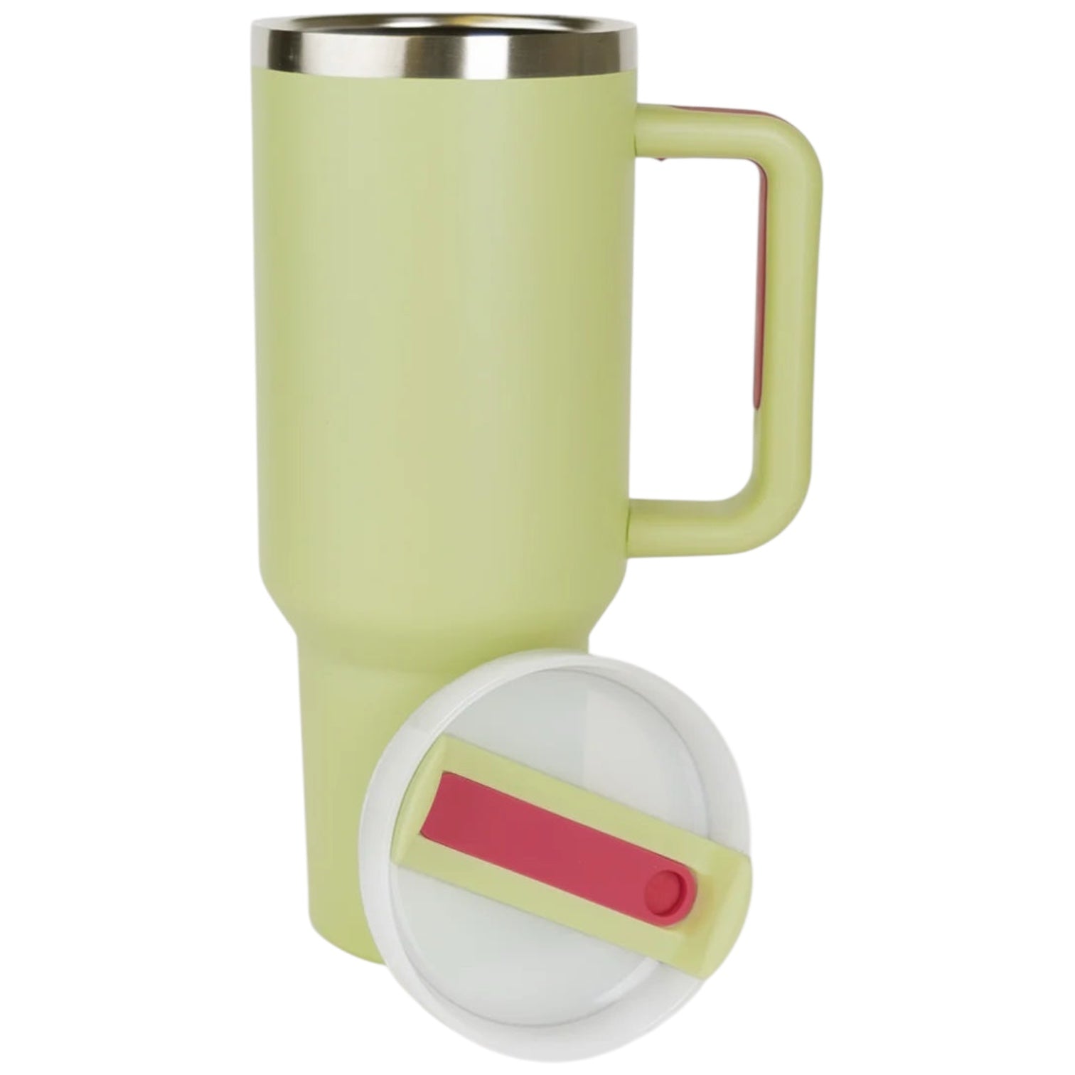 Light green travel mug/tumbler with a handle and white lid on a white background