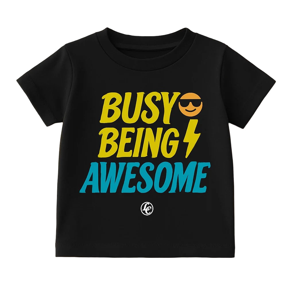 Black t-shirt with 'Busy Being Awesome' text on a white background