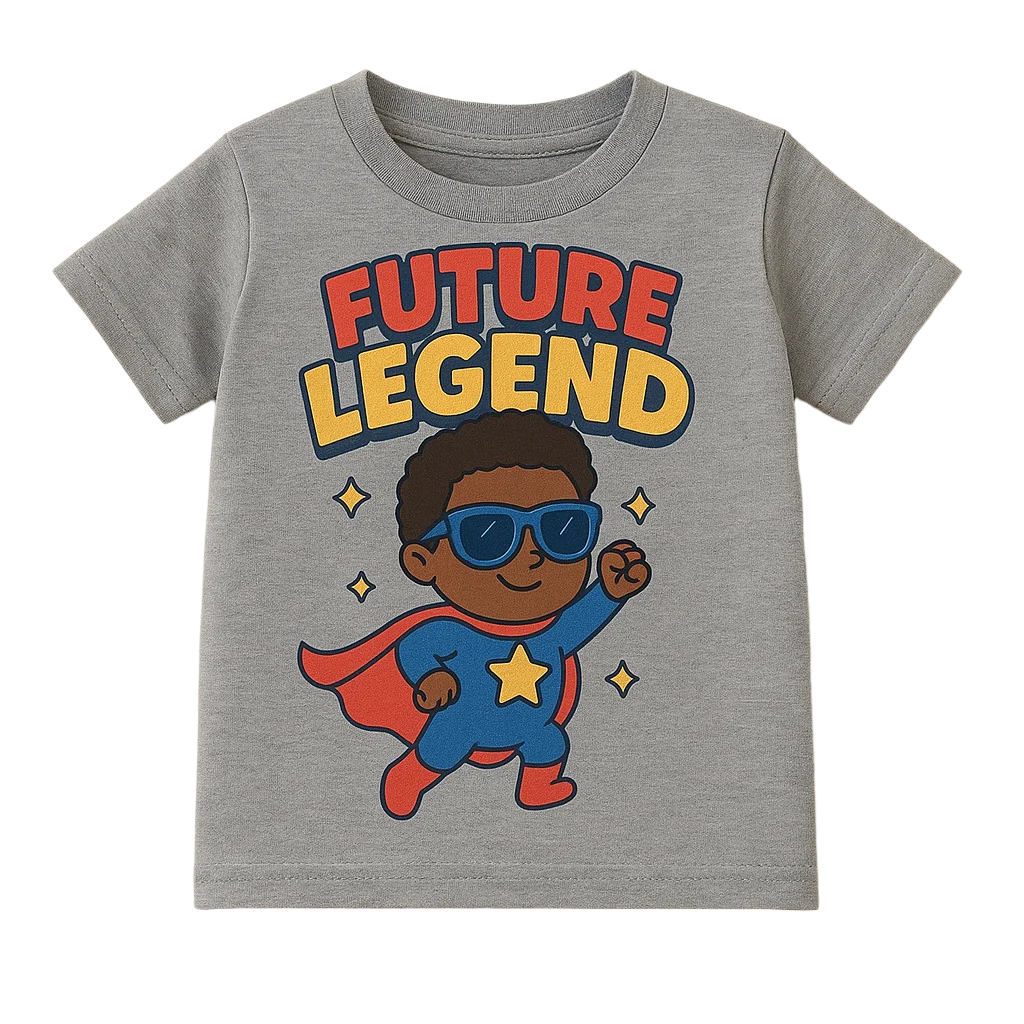 Gray t-shirt with 'Future Legend' text and superhero graphic on a beige background