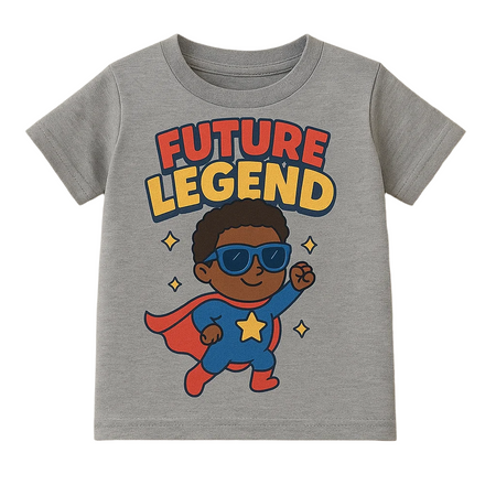 Gray t-shirt with 'Future Legend' text and superhero graphic on a beige background