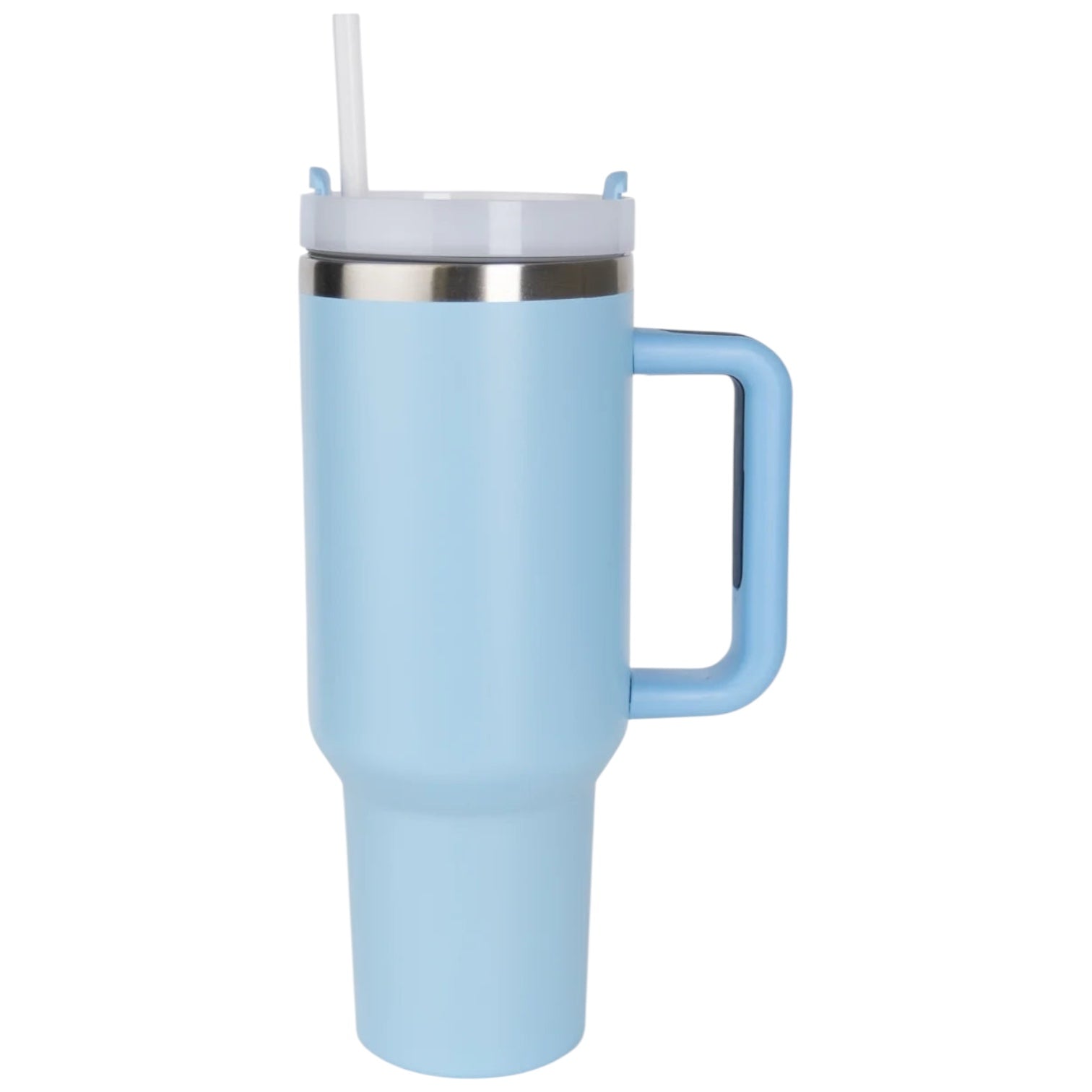 Light blue insulated mug/tumbler with handle and straw on a white background