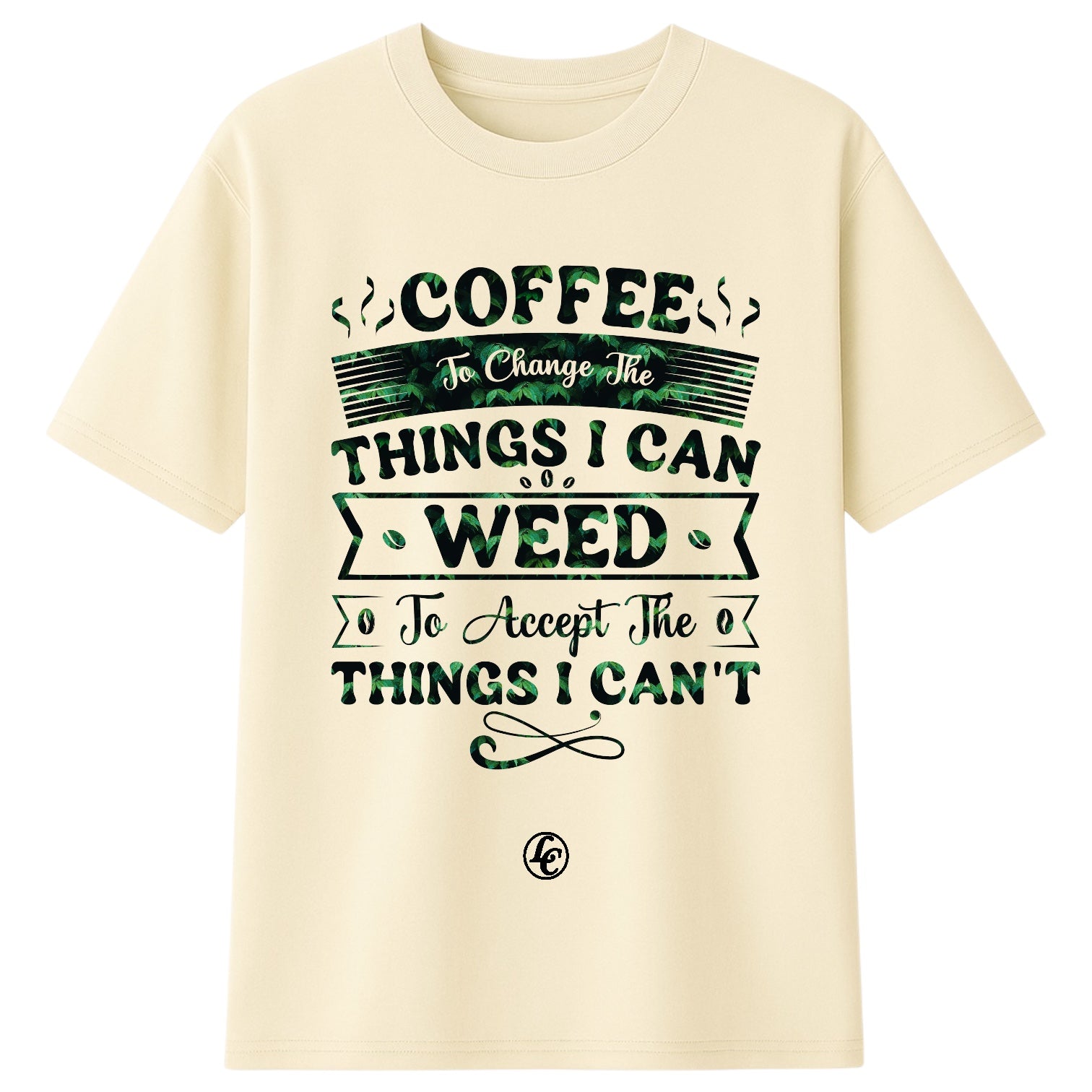 Beige t-shirt with humorous text design on a white background