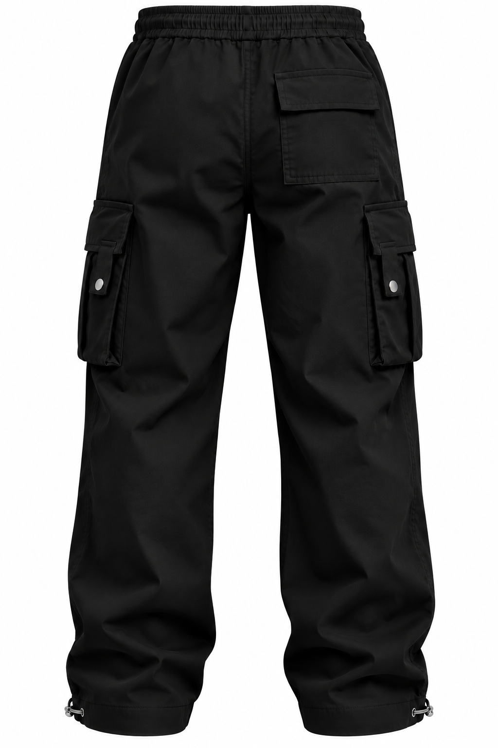 Black cargo pants with an elastic waistband, featuring large side cargo pockets with snap buttons and adjustable cuffs.