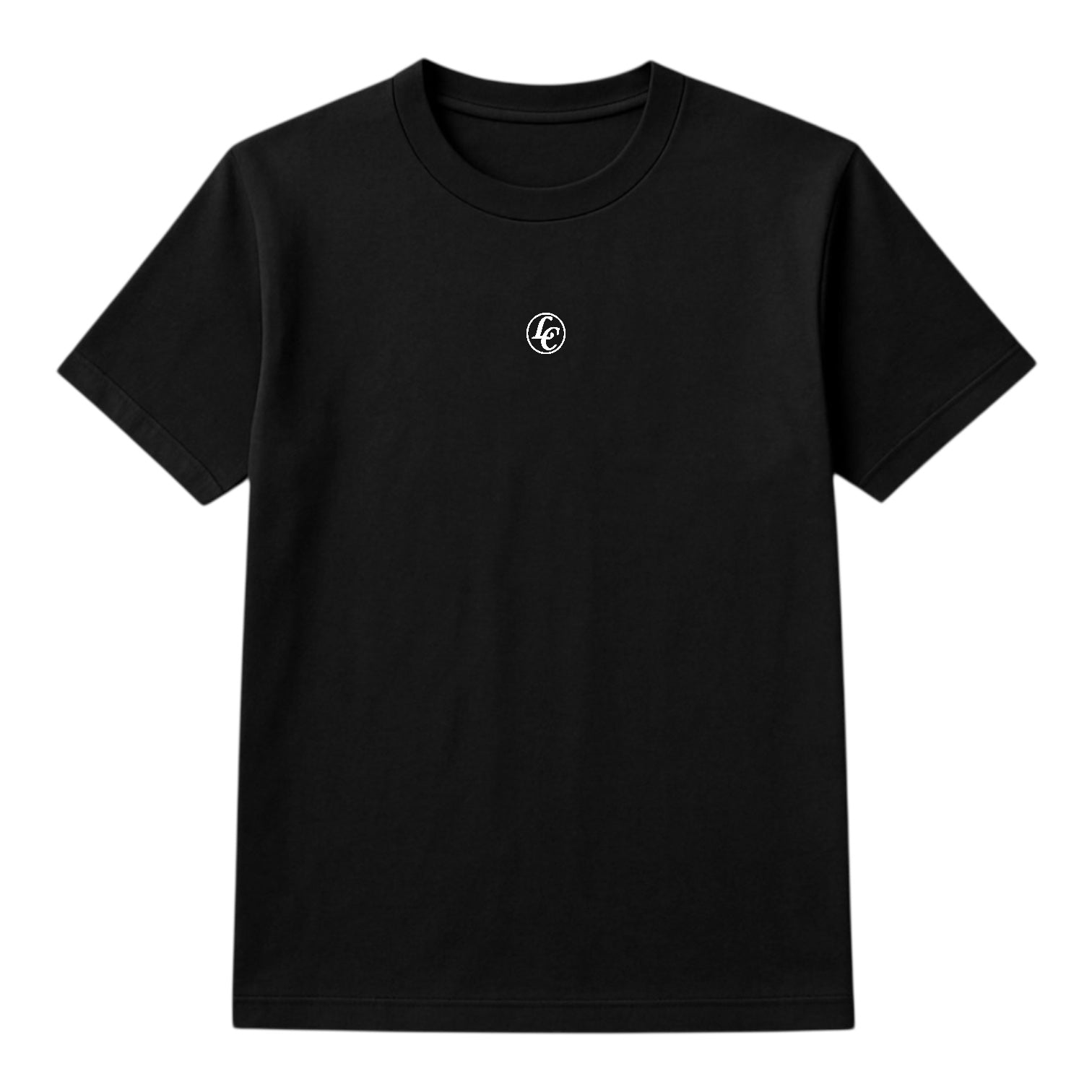 Black t-shirt with a small white logo on a white background