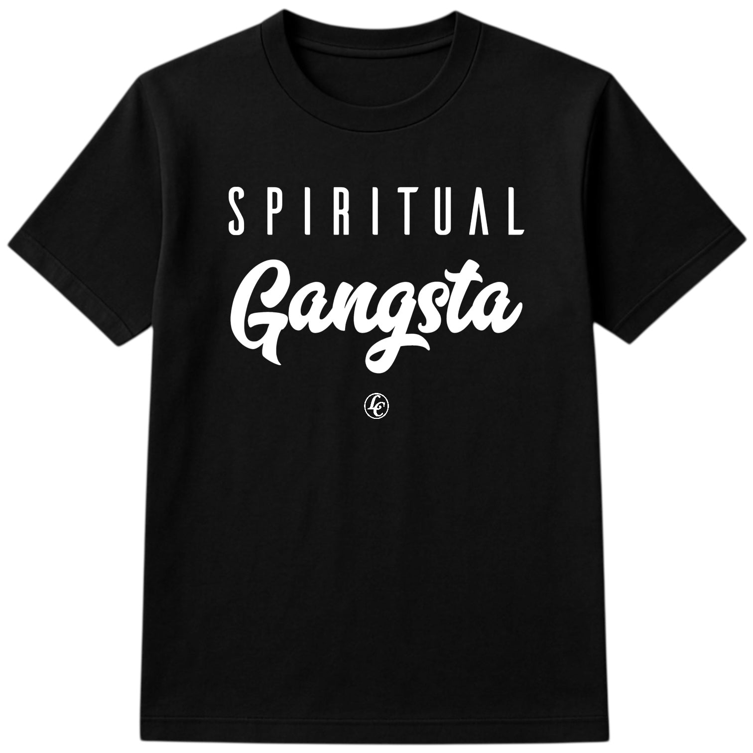 Black t-shirt with 'Spiritual Gangsta' text on a white background