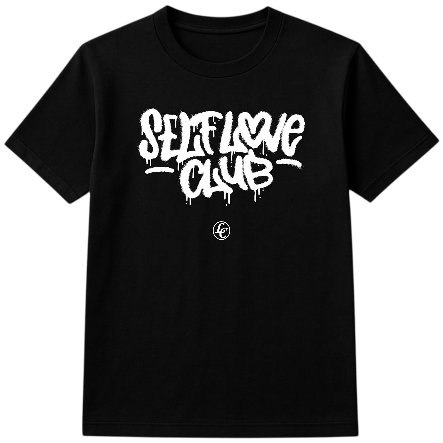 Black t-shirt with 'Self Love Club' text on a white background