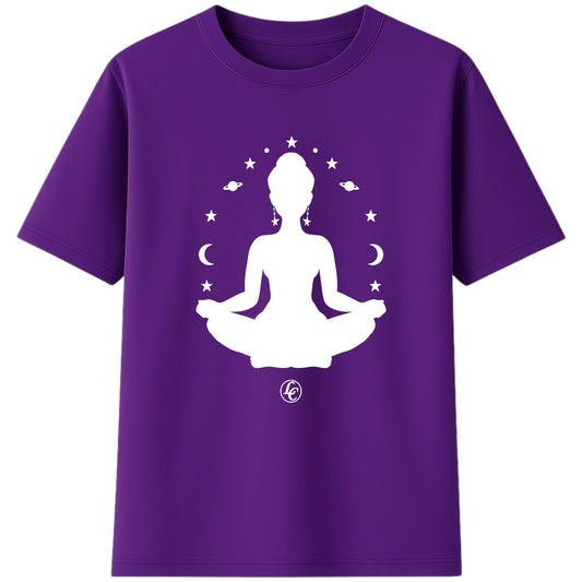 Purple t-shirt with a white silhouette of a person in meditation and celestial design on a white background