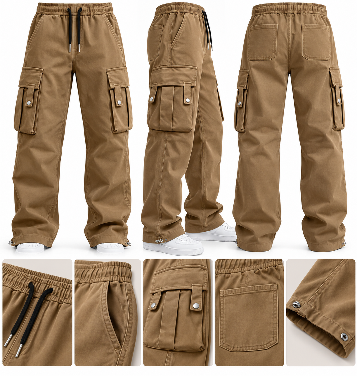 Three views of tan cargo pants with a drawstring waist, shown on a white background with close-up detail insets at the bottom.