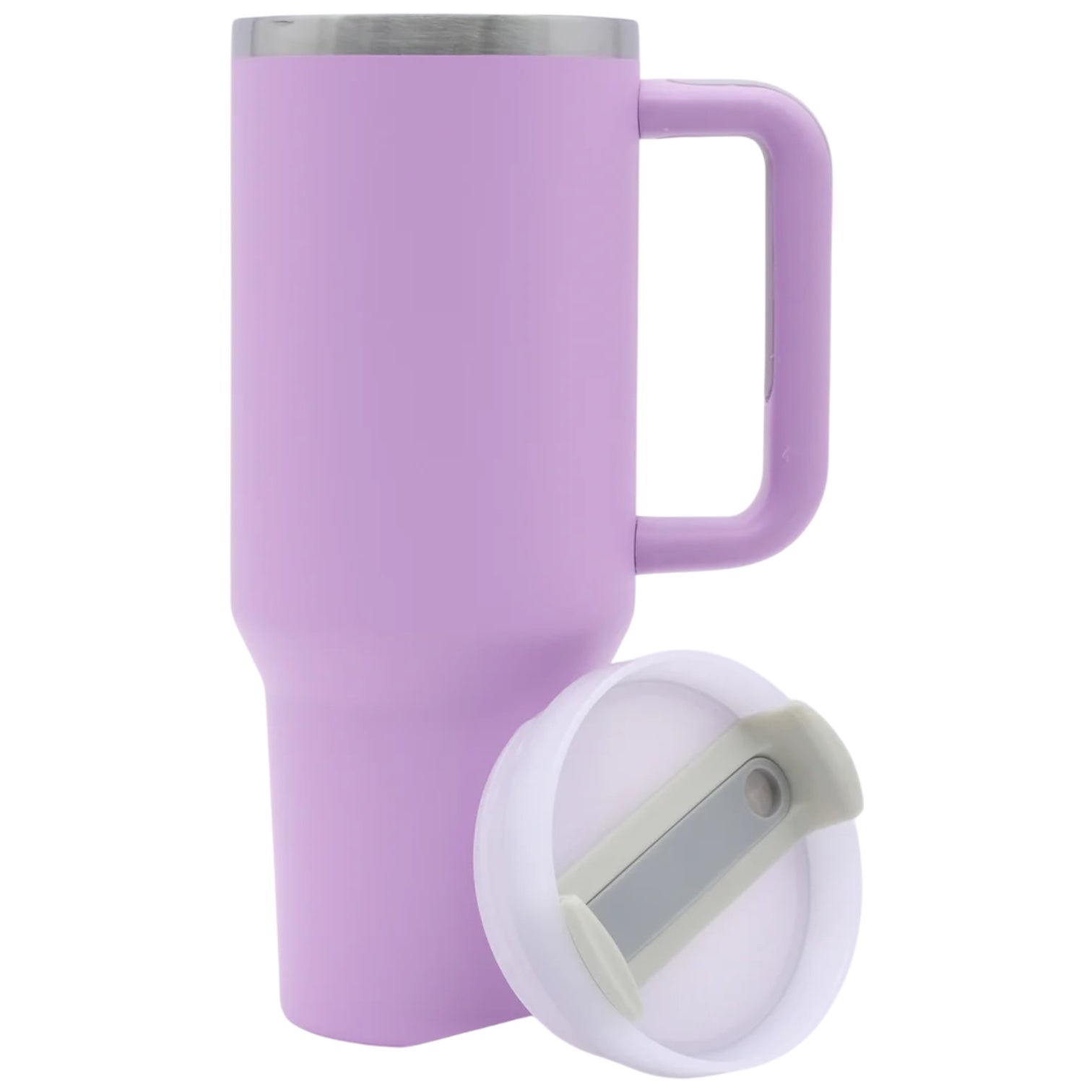 Purple insulated mug/tumbler with a white lid on a white background