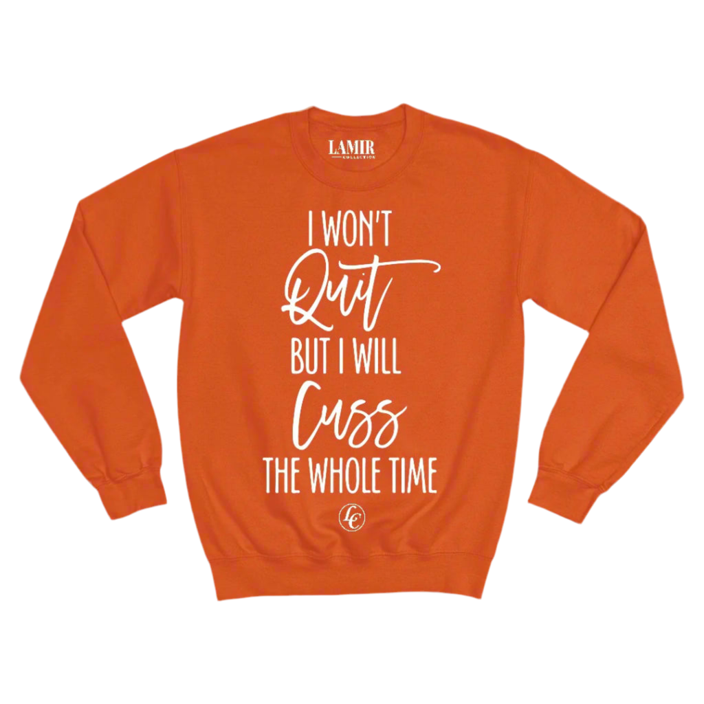 Orange sweatshirt with white text on a white background