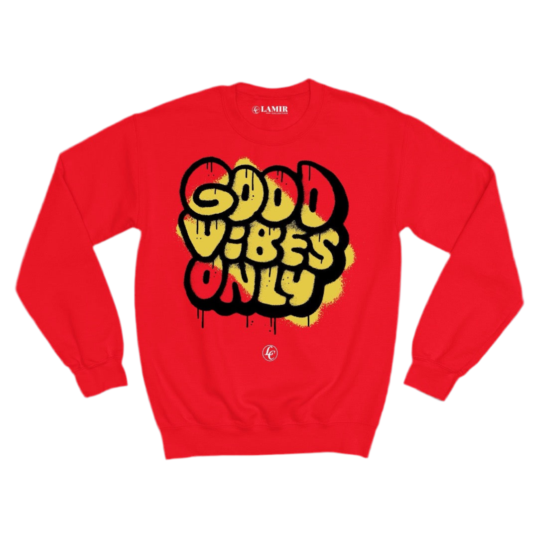 Red sweatshirt with 'Good Vibes Only' text on a white background