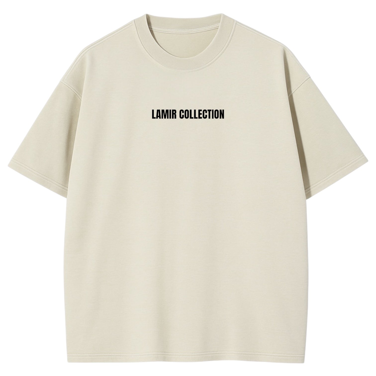 Beige t-shirt with 'LAMIR COLLECTION' text on a white background