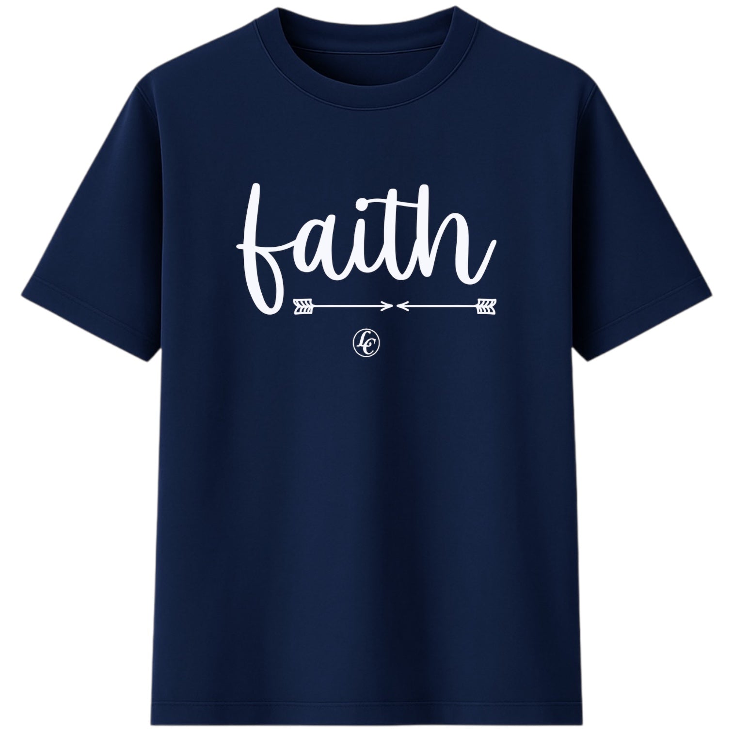 Navy blue t-shirt with 'faith' printed in white on a white background