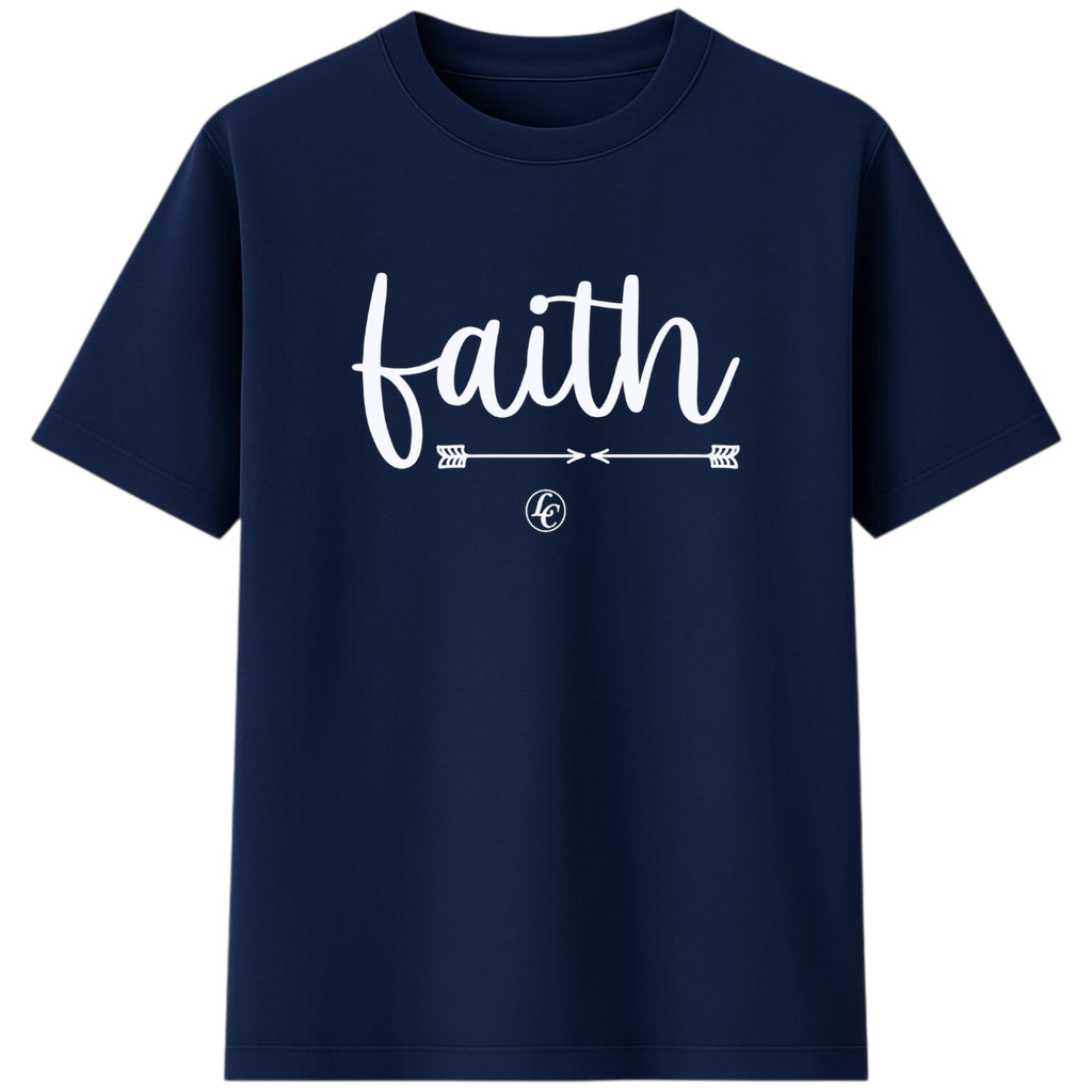 Navy blue t-shirt with 'faith' printed in white on a white background