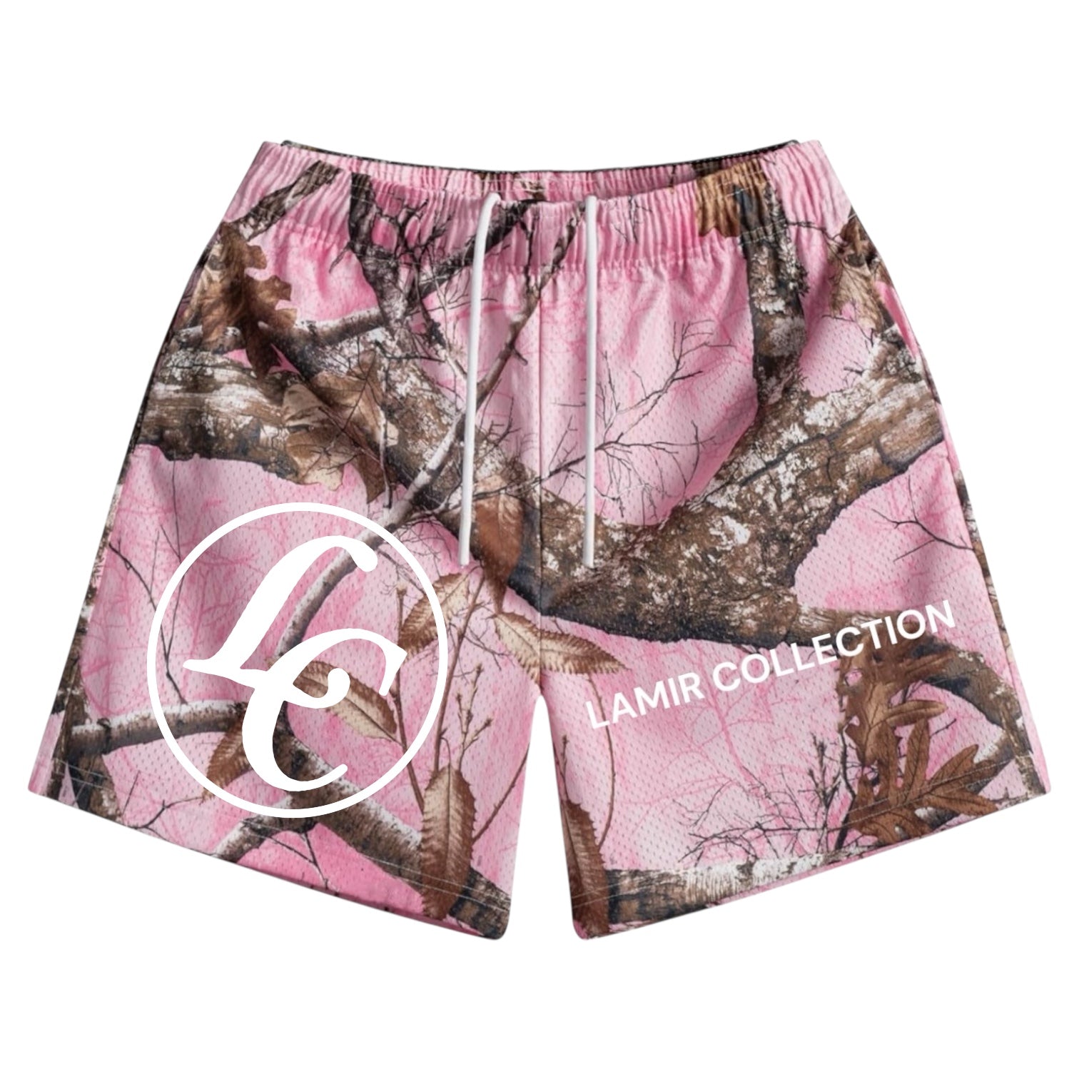 Pink camouflage shorts with 'Lamir Collection' LC logo on a white background