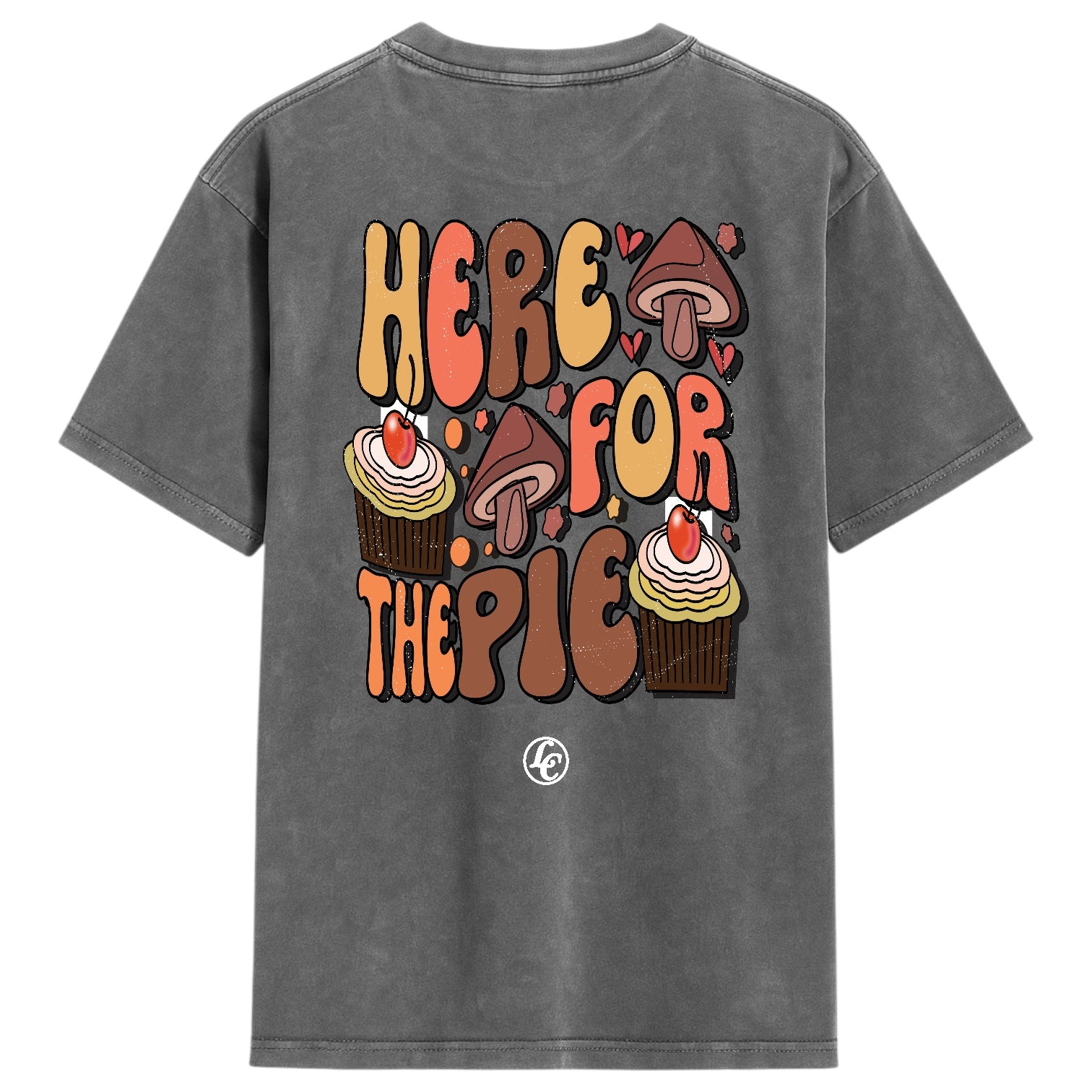 Gray t-shirt with colorful graphic design on the back featuring text and illustrations.