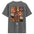Gray t-shirt with colorful graphic design on the back featuring text and illustrations.