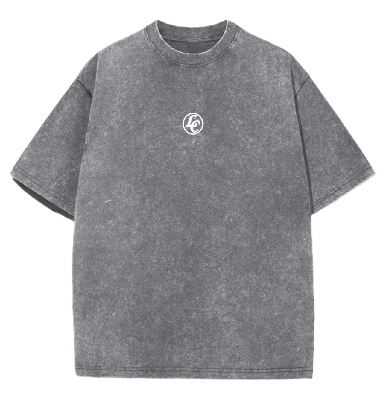 Gray t-shirt with a small logo on a white background