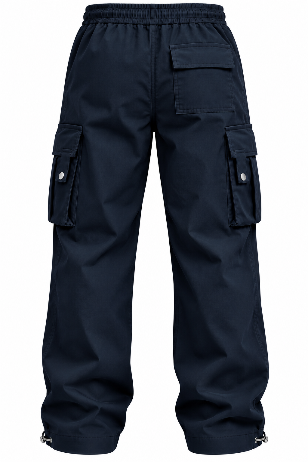 Dark navy blue cargo pants with an elastic waistband, flap cargo pockets with snap buttons, and adjustable cuffs, shown against a plain white background.