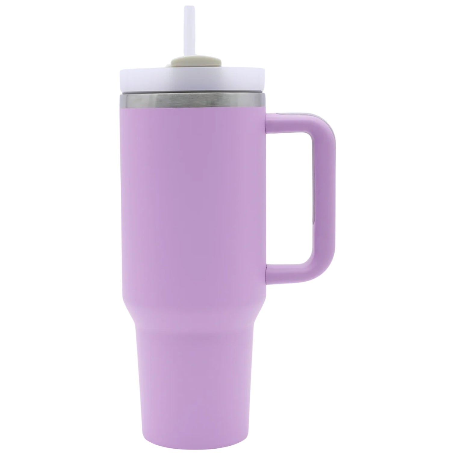 Purple travel mug/tumbler with handle and straw lid on a white background