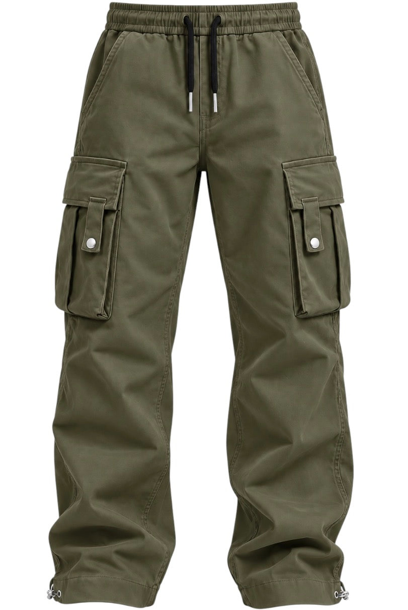 Olive green cargo pants with an elastic drawstring waist, side cargo pockets, and adjustable cuffs, shown against a plain white background.