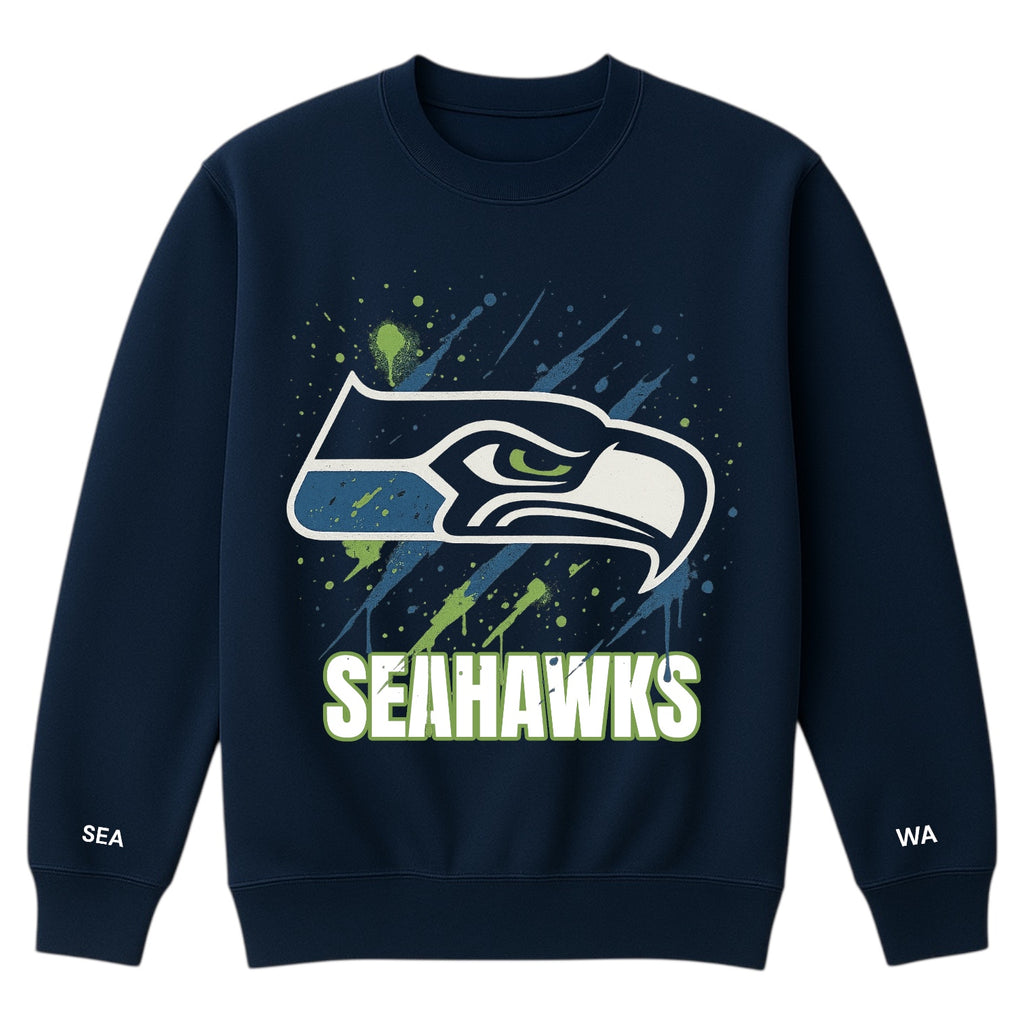Navy blue sweatshirt with Seahawks logo and text on a white background