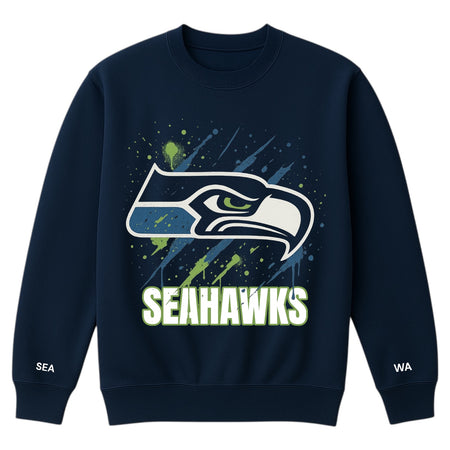 Navy blue sweatshirt with Seahawks logo and text on a white background