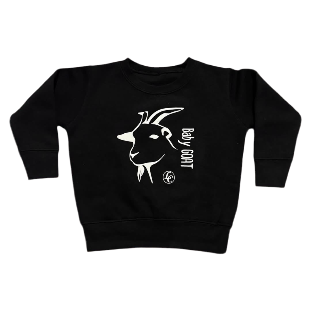 Black sweatshirt with a white goat graphic and text on a white background